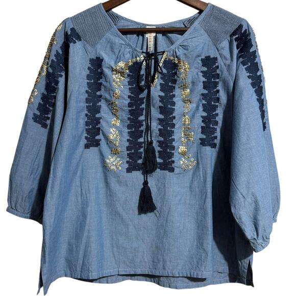 Raga Anthro Paityn Boho Chambray Tunic with emboidery and beaded sequins  large - Picture 2 of 8